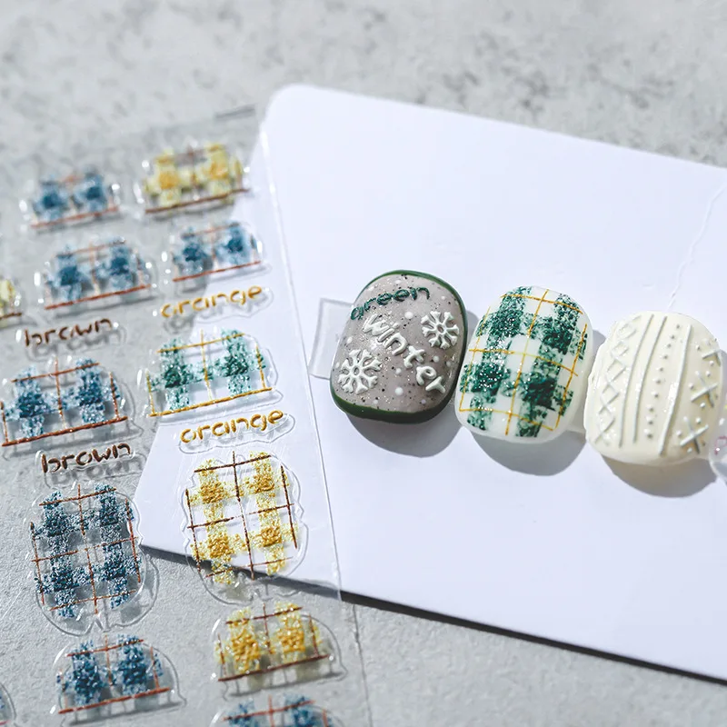 

Dressy Woolen Green Brown Tweed Lattice Design 5D Soft Relief Nail Art Stickers Delicate Chic 3D Self Adhesive Nail Decals Woman