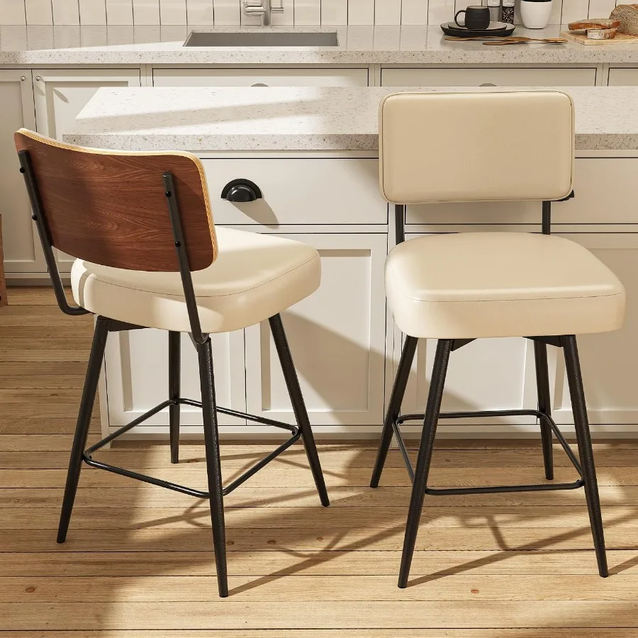 26''H Swivel Bar Stools 2, PU Leather Counter Height Bar Chairs with Back, 360° Rotation Kitchen Stools, Thickened Widened Cush