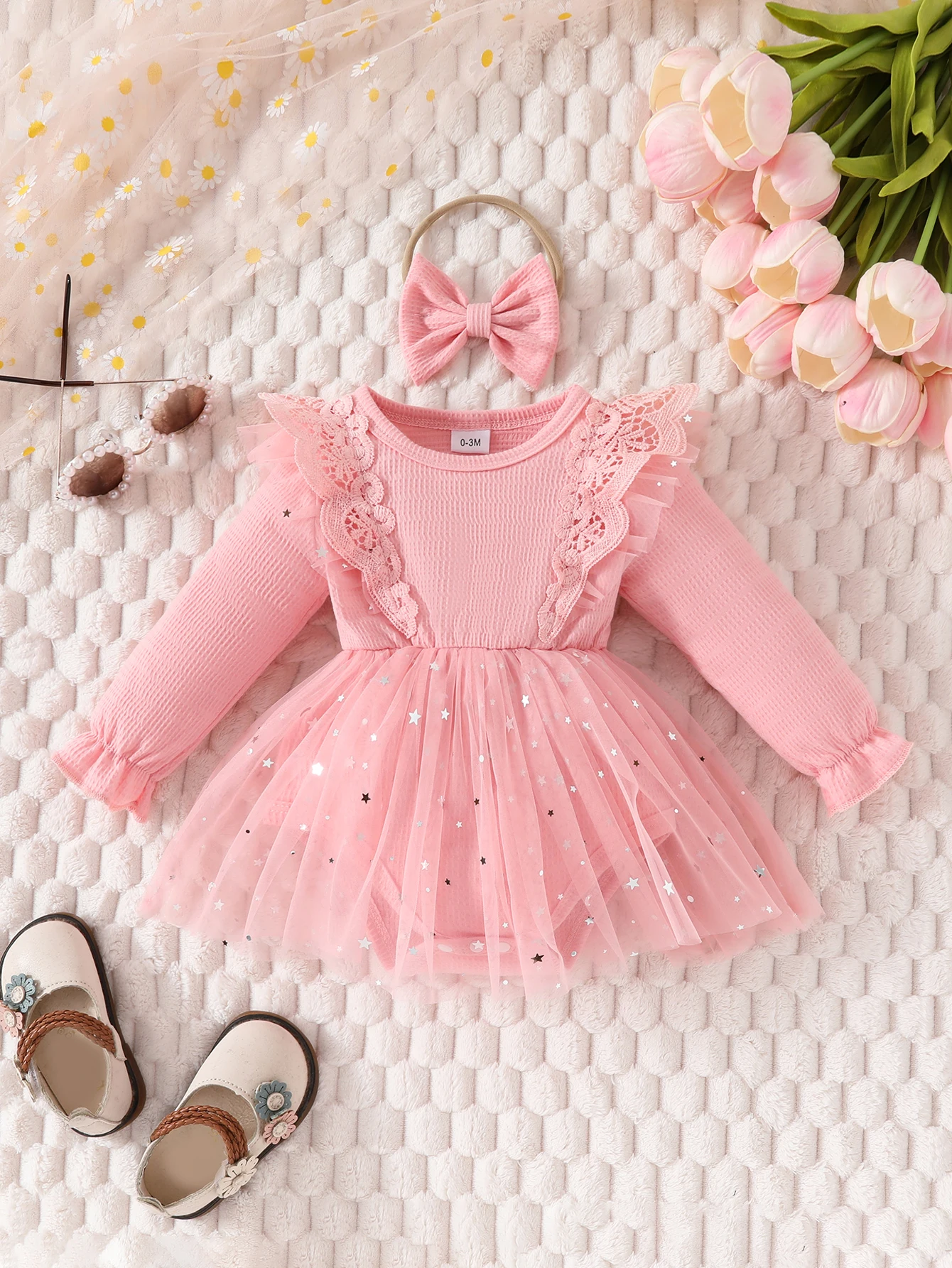 Baby Girl Autum Waffle Fabric Lace Ruffle Splicing Round Neck Long-Sleeved Mesh Triangle Jumpsuit with Bow Headband 2-Piece Set