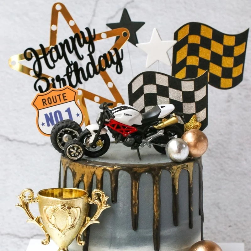 Racing Theme Party Cake Decoration Motorcycle Happy Birthday Cake Topper Men's Racing Flag Trophy Cupcake Toppers Baking Decor