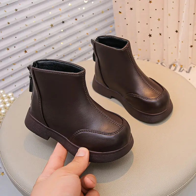 

Children Fashion Short Boots 2026 Warm Lined Round Toe Ankle Booties for Boys Girls Autumn Kids Leather Look Casual Shoes
