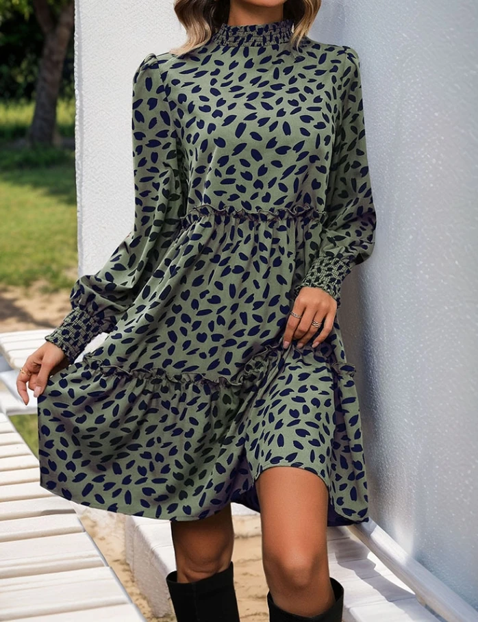 

New Women's Dress Spring Lantern Sleeve Casual Leopard Vintage High-Necked Floral Dress High Waist Elastic A Line Mini Skirt