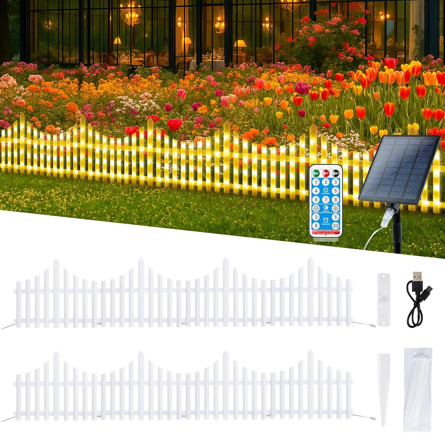 Garden Border, White Picket Fence, Decorative, with Solar Lights and Remote