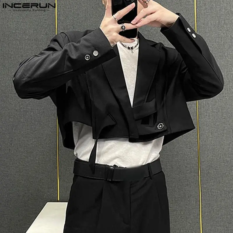 Casual Stylish Style Tops INCERUN New Men Blazer Adjustable Diagonal Buckle Suit Deconstructed Design Truncated Solid Suit S-5XL