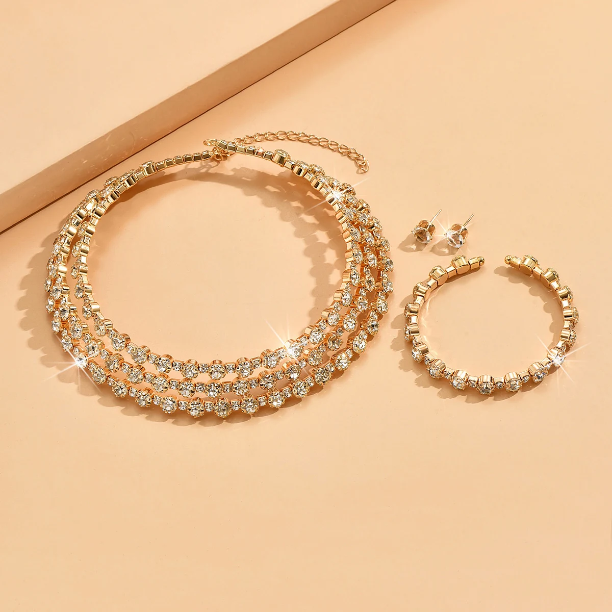 Ladies\' set of Rhinestone light luxury, minimalist and high-end necklaces, earrings, bracelets, wedding party accessories