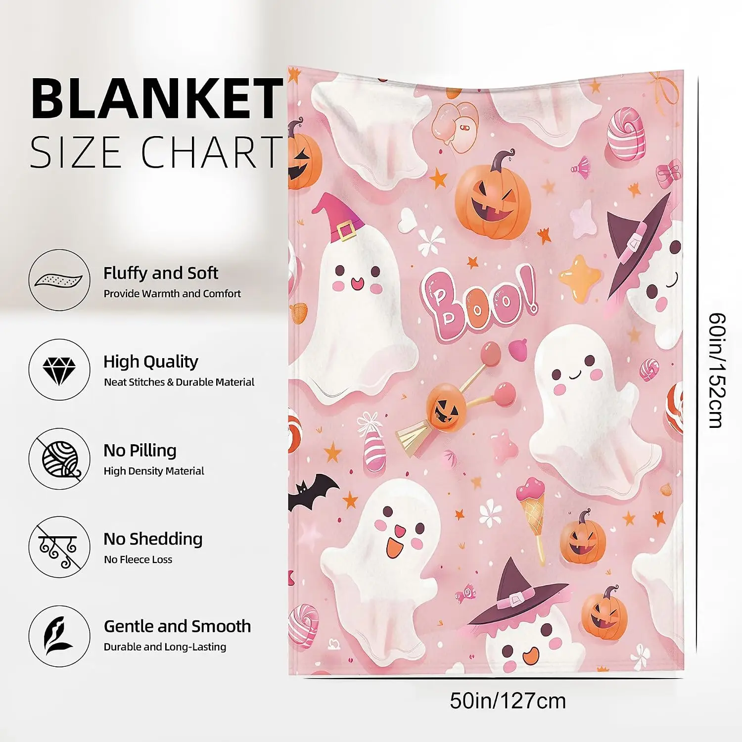 Halloween Throw Blanket, Cute Halloween Ghost Blanket Throw for Adults, Lightweight Soft Cozy Blanket for Couch Sofa Bed Room Decor 50x60 Inches