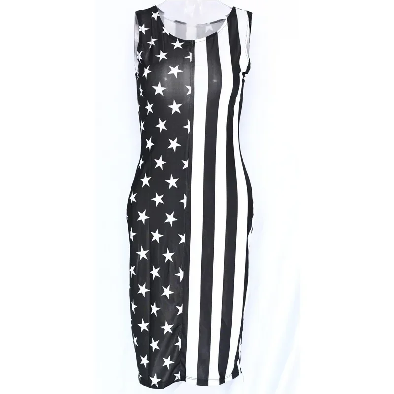 2 Colors American Flag Print Bodycon Mid Tank Dress Sexy Stripe Knee Length Sleeveless Casual Dresses M, L