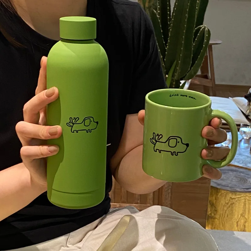 

Exquisite and Simple Green Stainless Steel Insulated Cup Travel Ceramic Mug, Water Cups Gift Box Set Gifts Home Drinking Utensil