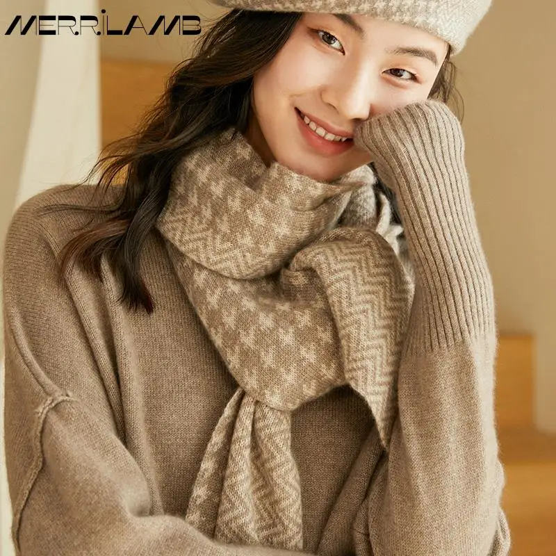 MERRILAMB New High Quality 100% Pure Cashmere Women Scarf Winter Fashion Keep Warm Knitted Pattern Long Scarves 160*30