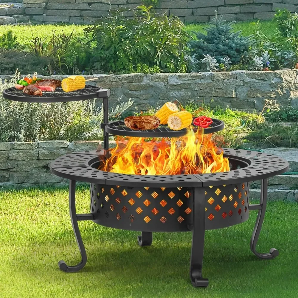 

42 Inch Fire Pit with 2 BBQ Grills, Fire Pits for Outside with Lid & Fire Poker, BBQ& Outdoor Firepit & Round Metal Table 3 in 1