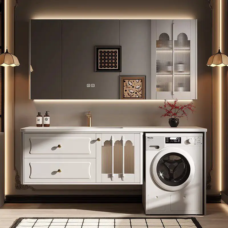 

rock slab seamless ceramics, washing machine hand wash basin integrated cabinet, balcony wash table