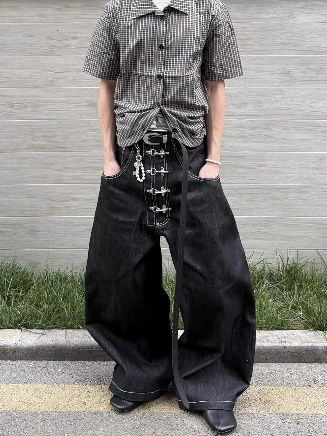 

Женские изогнутые широкие джинсы с металлической пряжкой, мешковатые джинсовые брюки с высокой талией, женские винтажные прямые брюки унисекс