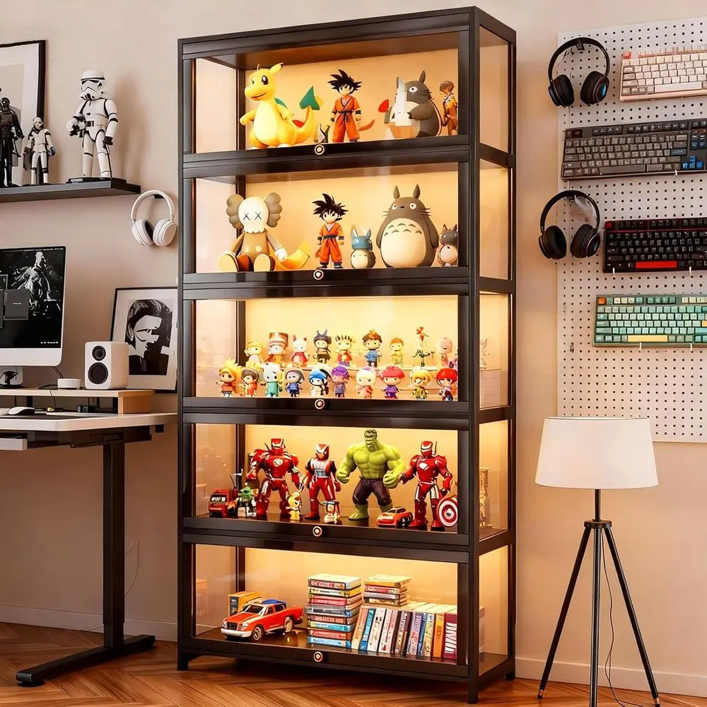 Armário Expositor de Acrílico de 5 Níveis - Organizador de Colecionáveis e Brinquedos para Casa, Escritório, Sala de Jogos (Preto)
