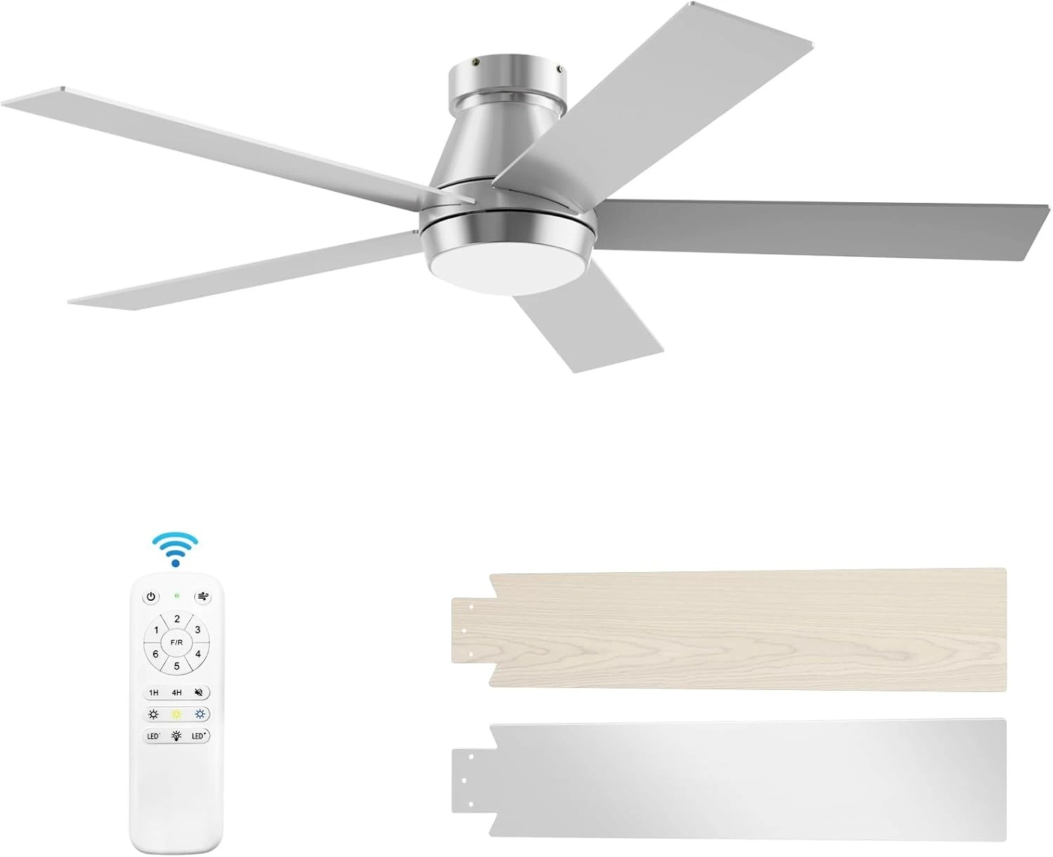 

52" Ceiling Fan with Lights, Silver Flush Mount, 5 Blade Low Profile, 6 Speeds DC Reversible, Dimmable, Modern for Bedroom