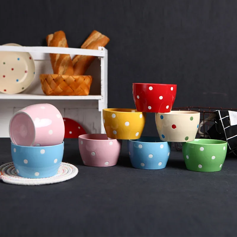 4 inch Polka Dots Ceramic Rice Bowl Soup Bowl Snack Fruits Dessert Yogurt Cereal Tableware Microwave Oven Bakeware Food Utensils