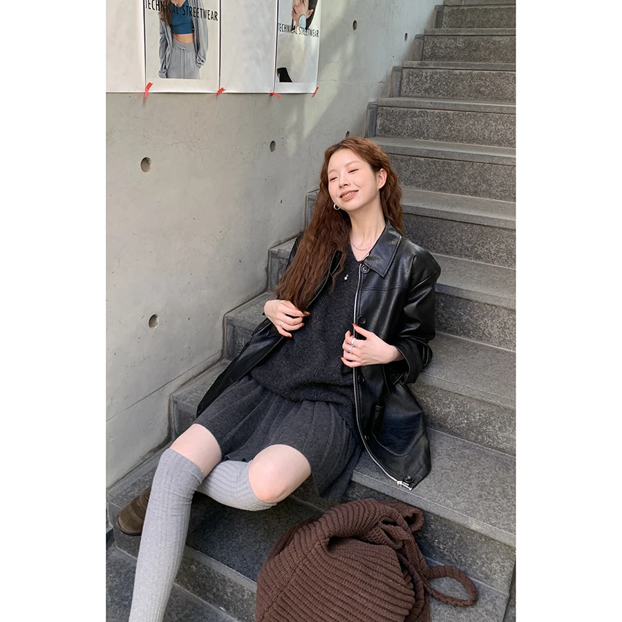 レトロレザージャケットコート ロング丈 ゆったり レディース おしゃれ ターンダウンカラー 秋冬 ハローエット レディースアウター