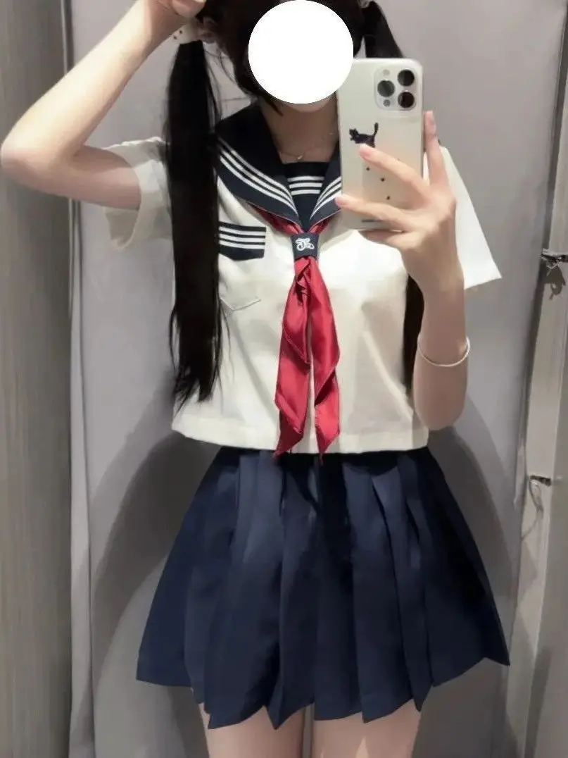 Authentic White Sailor Suit Uniform Skirt Set Short Sleeve Kyoto Collar Japanese Style Breathable Polyester Cotton Blend view 2