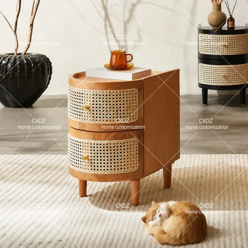 Solid Wood Rattan Bedside Table Japanese Style Locker Simple Nordic Wabi Sabi Edge Small Drawers Storage New Household Models