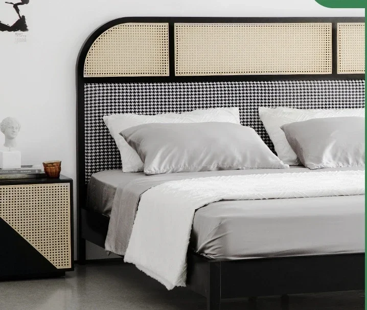 Nordic designer solid wood handmade rattan woven eyes, rattan white wax wood, 1.8m double bed, master bedroom, 1.5m homestay bed