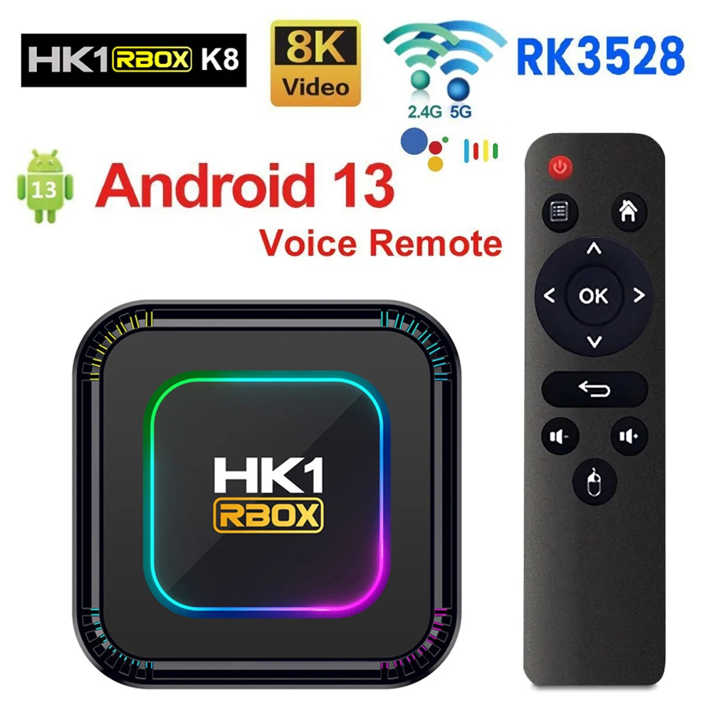 

HD RGB Smart TV Box Dual Wifi K8 Android 13 RK3528 Quad Core Support 8K Video 4K 2.4&5G Wifi6 8K 4K 3D Voice Media Player Set