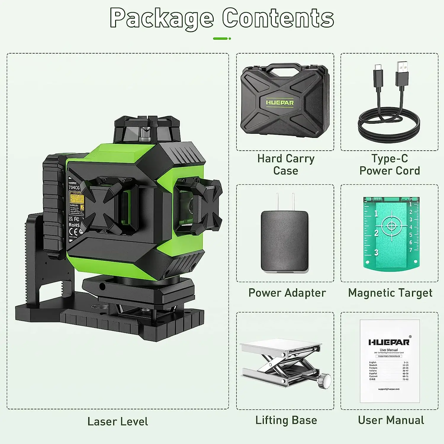 Huepar Osram Laser Level Self-leveling 4D Green Beam 360°Cross Line 16 Lines Tiling Floor Laser Tool Large Li-ion Battery 704CG