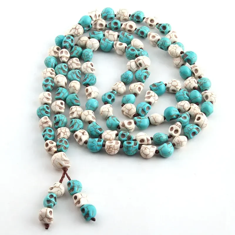 Bohemian Jewelry Blue Long Knotted Tibetan Buddhism 108 bone Skull Heads Prayer Bead Mala Necklace