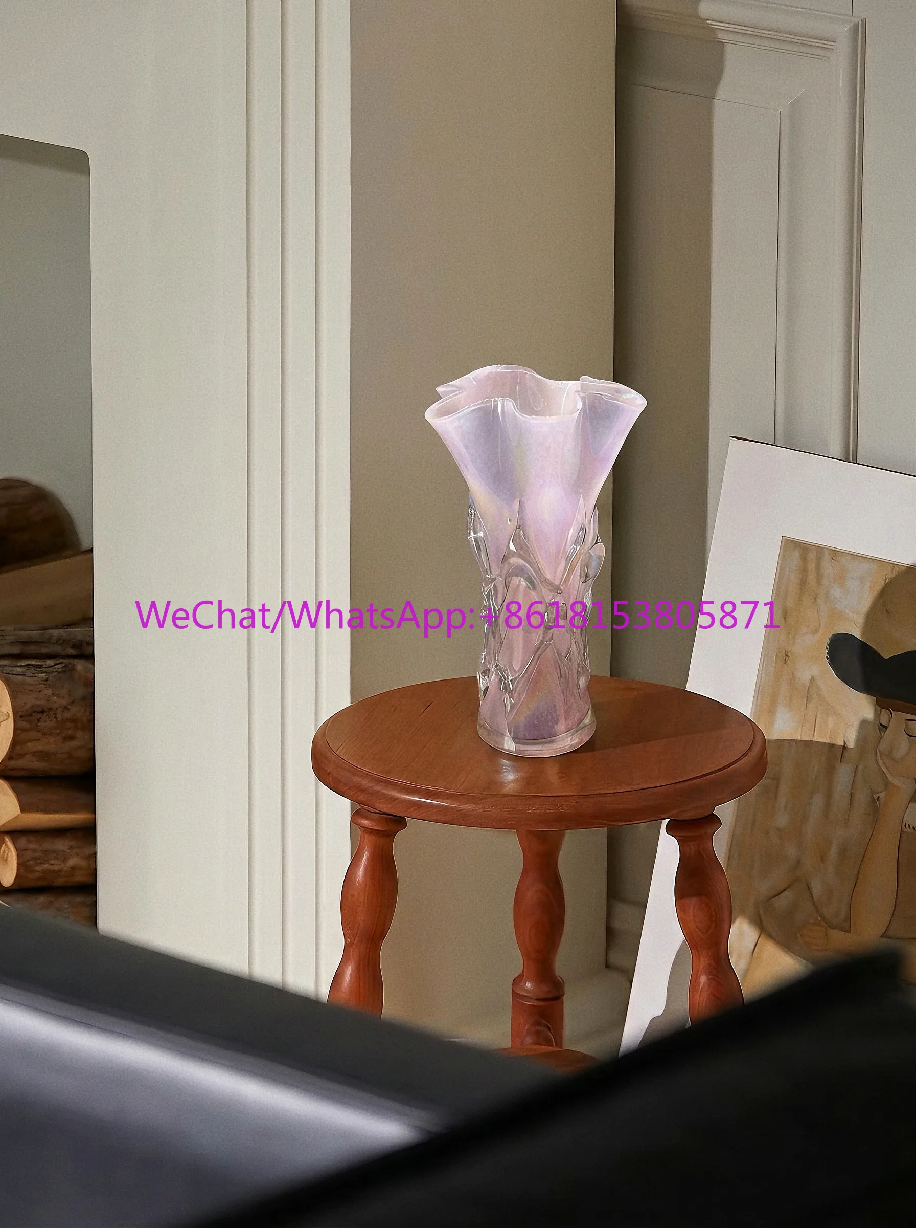 Pink French medieval glass vase high-end pearlescent lace vase living room
