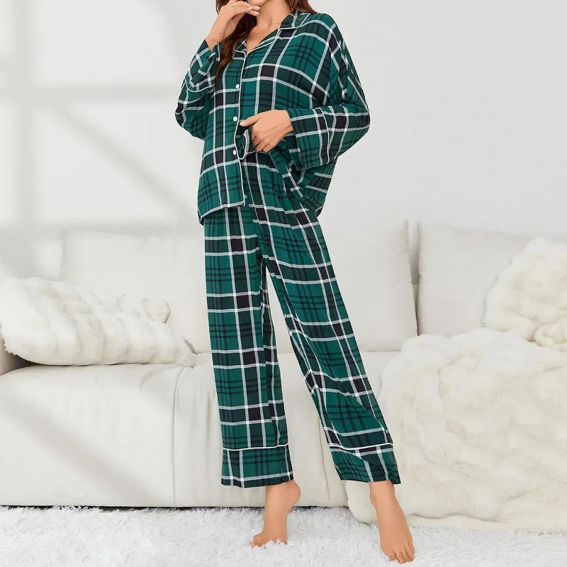 

Комплект из 2 предметов: женская пижама в клетку, топ с длинным рукавом и брюки, мягкая, стильная и удобная домашняя одежда для отдыха