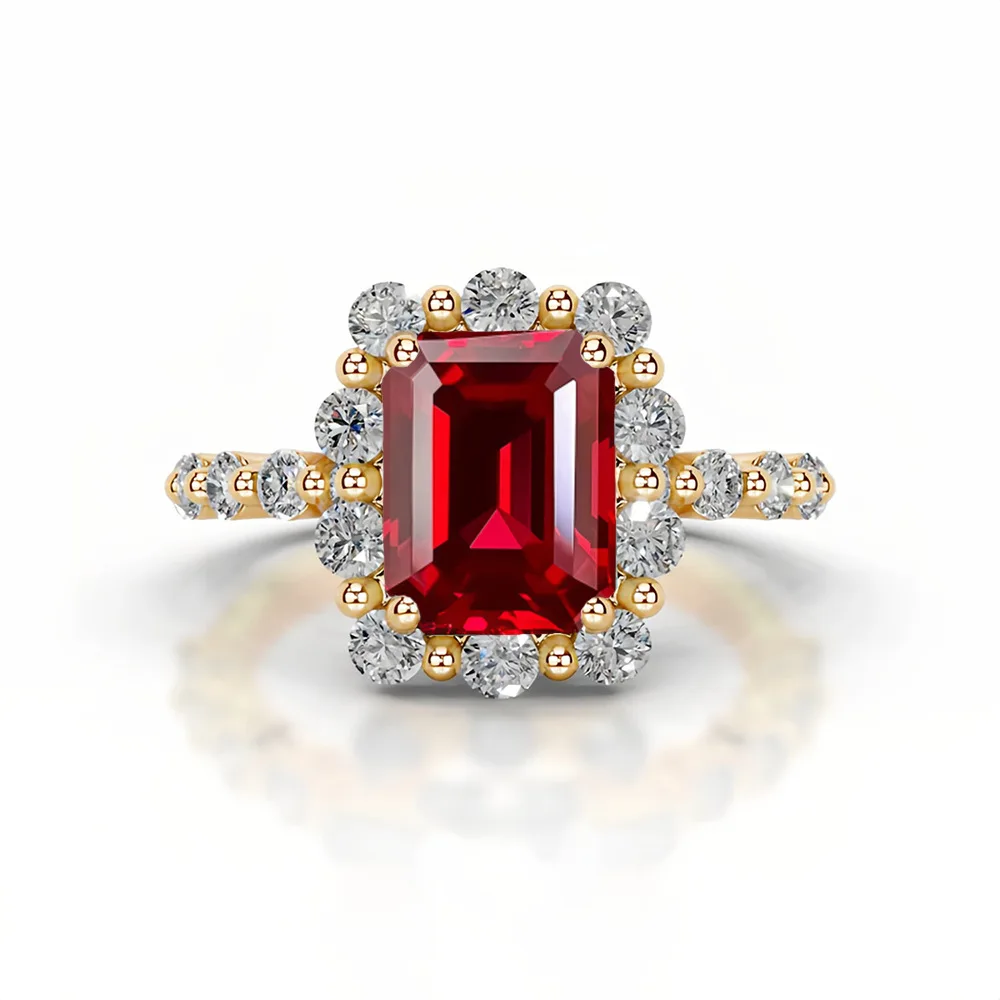 MUSHAN Custom Jewelry 925 Sterling Silver Ring Lab Red Emerald Round Elegant Ring for Women 18K Gold Plated Anniversary Rings view 2
