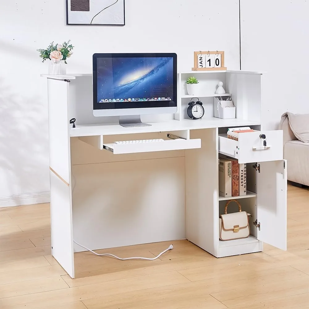 50 受付デスク – モダンなフロントデスク、鍵付き引き出し、キーボードトレイ、収納キャビネット、内蔵電源コンセント、LEDライト付き
