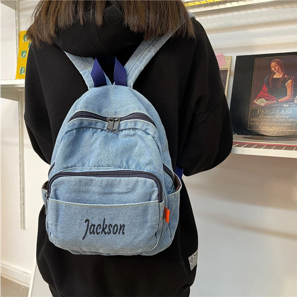 Mochila jeans personalizada com nome bordado para mulheres, bolsa de viagem de lona, mochila para estudante universitário, lata ao ar livre