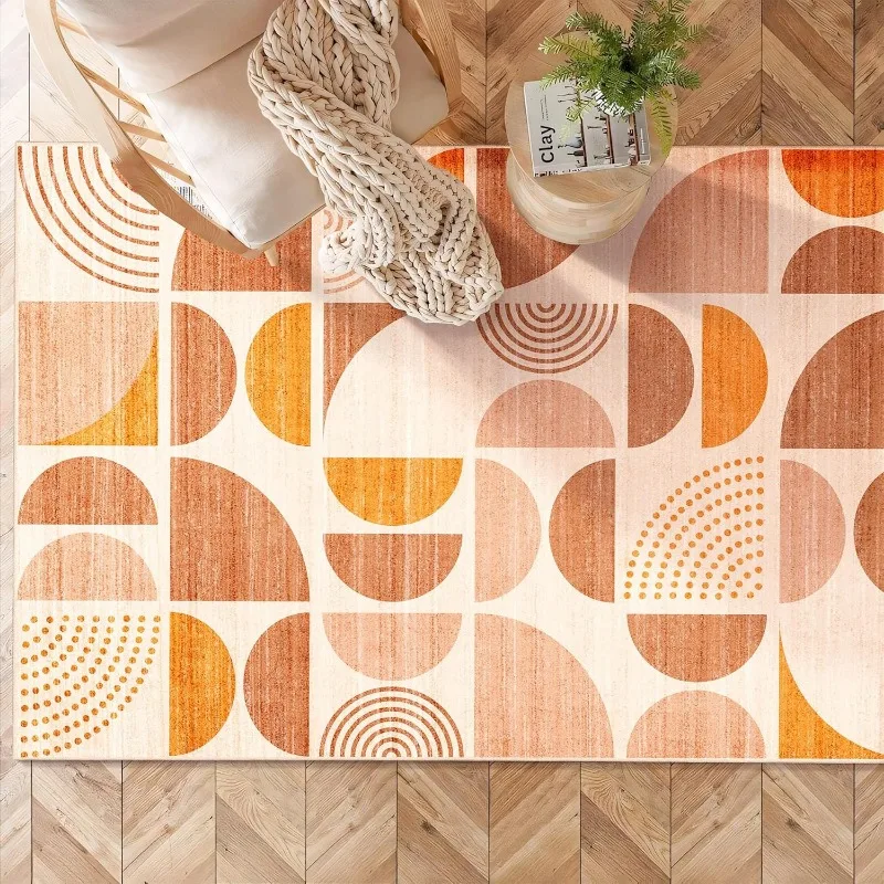 Boho Rug Washable Area Rugs for Bedroom Entryway Living Room BedsideNon Slip Soft Indoor Modern Abstract Bohemian Orange