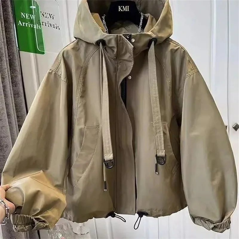 

Women's Jacket Spring Autumn New Casual Femme Windbreaker Hooded Tooling Loose Jacket Basic Zipper Coat Tops