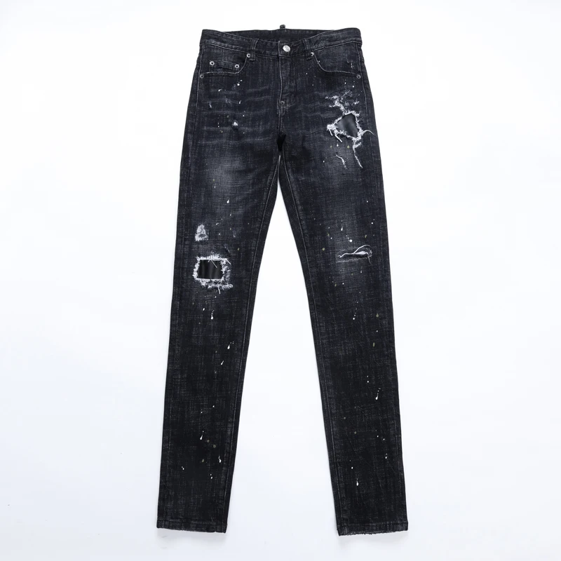 Y2K designer high street fashion new jeans, painted, scratched, washed, nostalgic, elastic, slim fit, black jeans, hip-hop brand