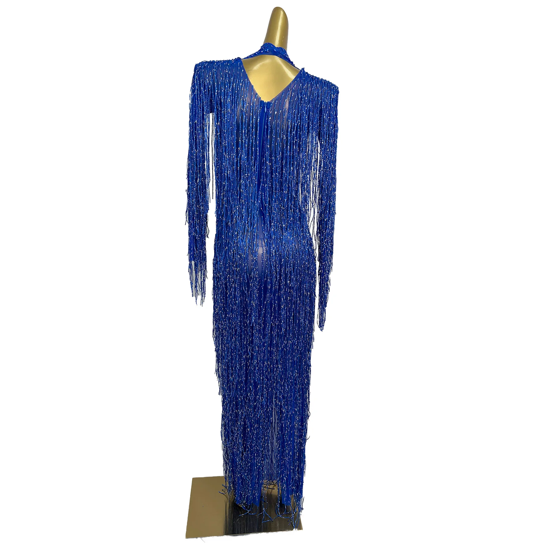 Shizi Elegant Women Dress Sparkling Blue Tassel High Elasticity Dress Stage Performance Costume Birthday Cocktail Prom Gowns