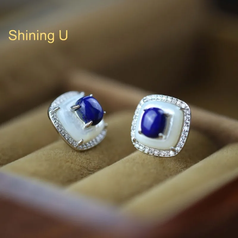 Shining U 925 Sterling Silver White Shell Lapis Lazuli Stud Earrings for Women Fine Jewelry Summer