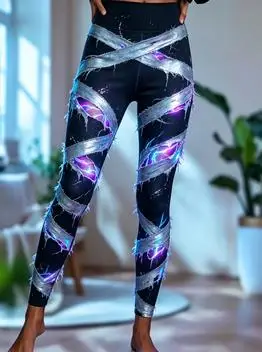 Women Mid‑Rise Fleece Lined Leggings Halloween Mummy Bandage Print Slim Stretch Thermal Pants