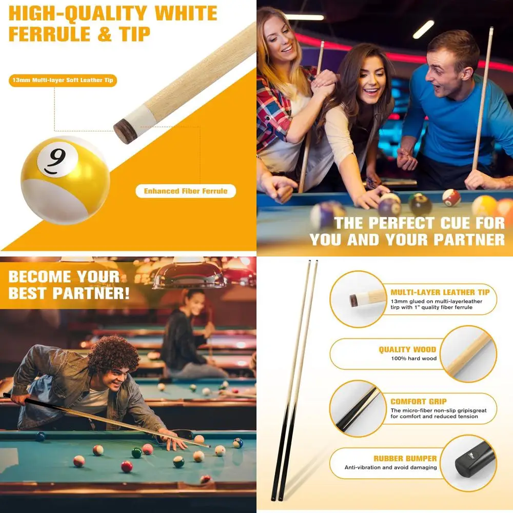 

Professional 58 Pool Cue with 13mm Leather Tip, Adult Billiards Stick Set of 4/6, Black/Natural Wood