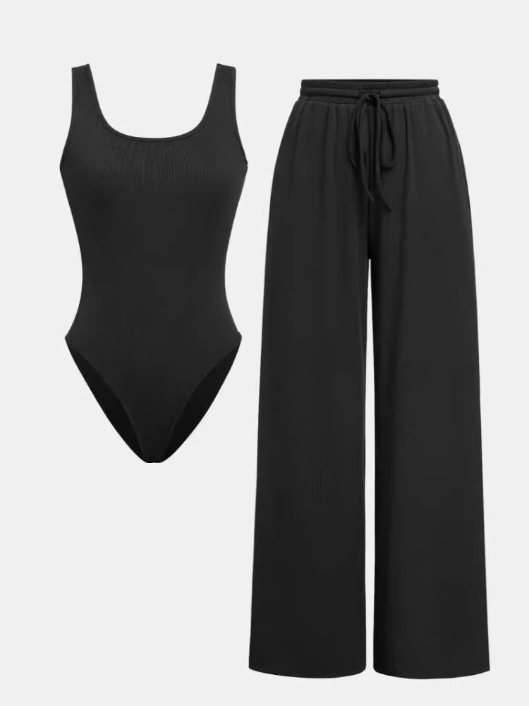 

Pants Set Women Two Piece Sets Bodysuits Y2k Tops Sleeveless Vest Overalls Wide Leg Long Pants Lace Up High Waist Matching Sets