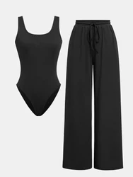 Pants Set Women Two Piece Sets Bodysuits Y2k Tops Sleeveless Vest Overalls Wide Leg Long Pants Lace Up High Waist Matching Sets