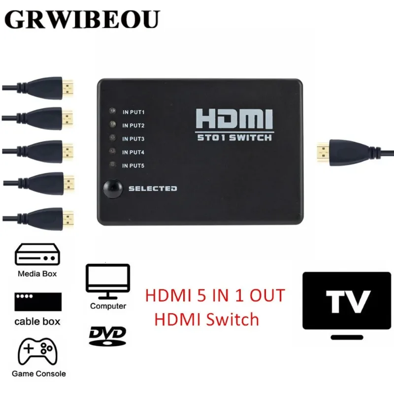 GRWIBEOU 5 In 1 Out 5 Port Video HDMI Switch Selector HDMI 5 IN 1 Out Switch Box Splitter Hub & IR Remote 1080p For HDTV PS3 DVD