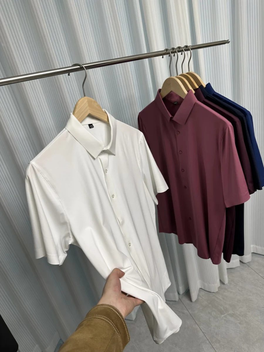 

Ice Silk Smooth Elastic Casual Men's ort Sve irt Summer Season Color Versatile Stand Fit Busin Wear