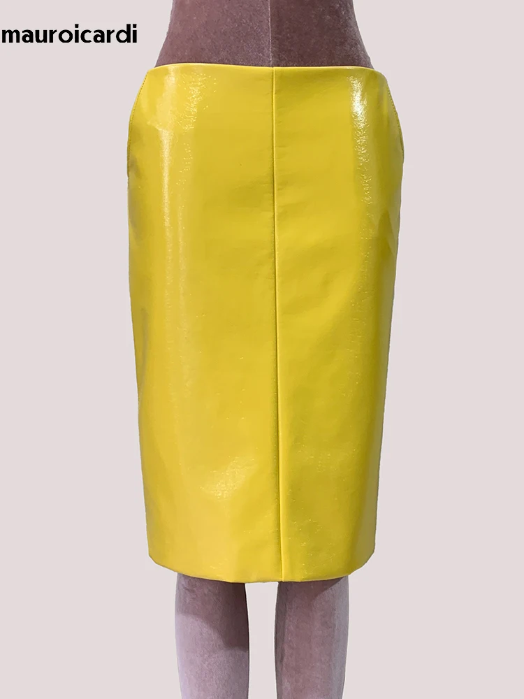 Mauroic Spring Summer Shiny Reflective Bright Yellow Faux Leather Pencil Skirt Women with Back Slit High Waist New Arrivals 2025