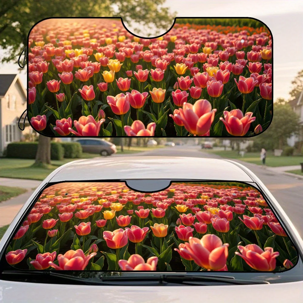 1 шт. автомобильный солнцезащитный козырек с цветочным принтом весенних тюльпанов — яркий красный и желтый дизайн тюльпанов, подходит для солнцезащитного козырька на лобовое стекло, полиэстер премиум-класса Fa