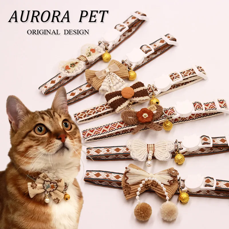 

Pet Collars Coffee Colored Tie Cat Collar Hanging Bead Lace Bow Bell Cat Necklace Anti Suffocation Safety Buckle Kitten Collar