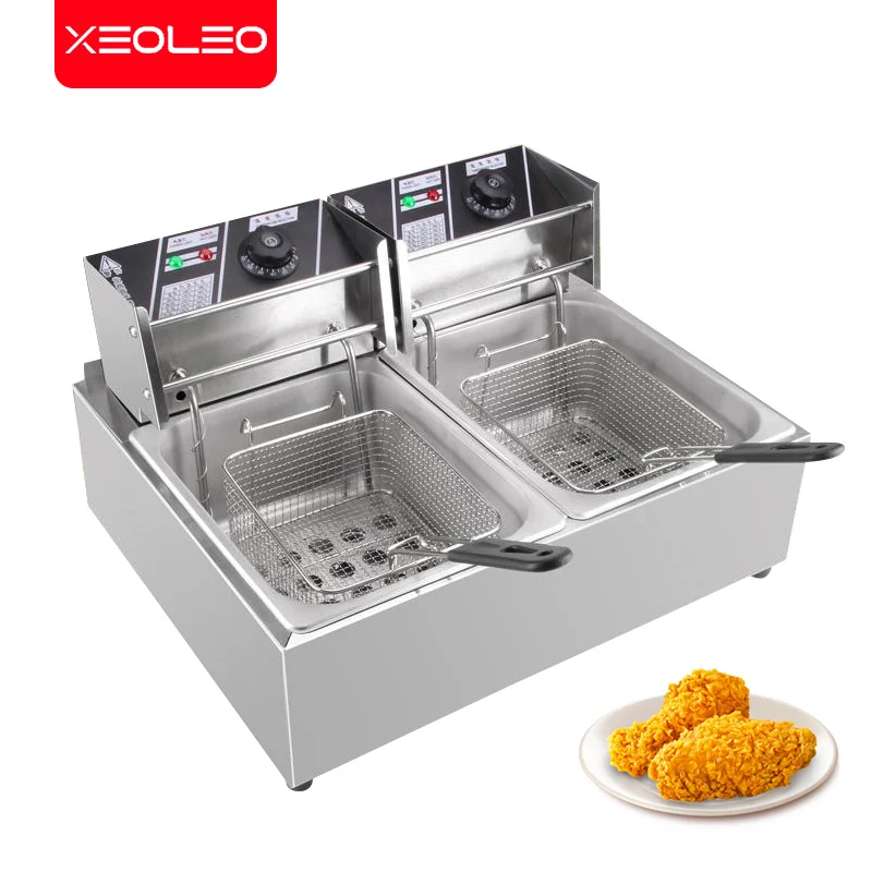 XEOLEO 6L+6L Deep Fryer Commercial Stainless Steel Electric Fryer French Chips Chicken Wings Fast-Heating Snack Machine Food