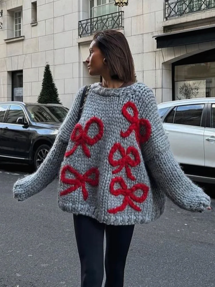 

Пуловер с круглым вырезом и рисунком бабочки, модный женский свободный вязаный свитер большого размера с длинными рукавами, 2026, женский весенний трикотаж для поездок на работу