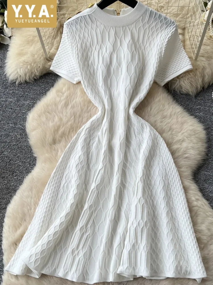 Korean Ladies Short Sleeves Round Neck High Waist Knitted Short Dress Office Female Summer Solid Color Zipper A-Line Dresses
