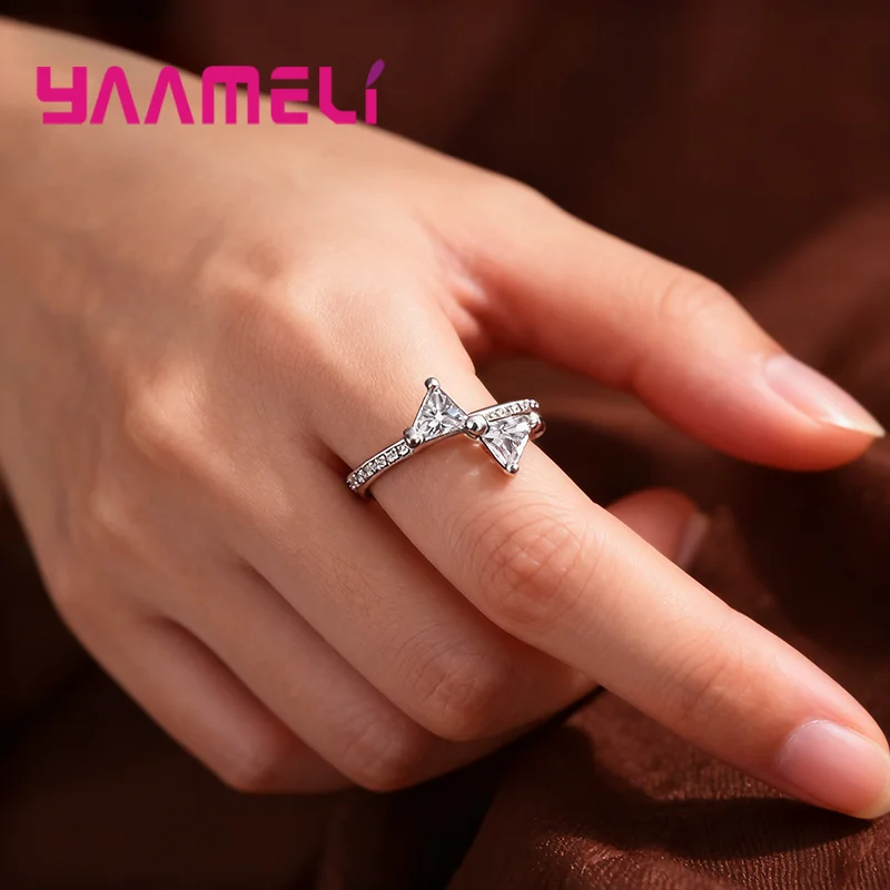 Korea 925 Sterling Silver Infinity Ring for Lady Shiny Cubic Zircon Inlay Paved Bowknot Bowtie Charms Birthday New Year Gift