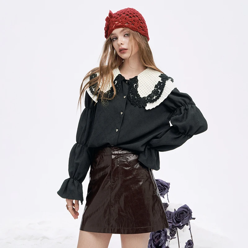 ELFSACK Preppy Solid Lace Lapel Heart Button Blouse For Women